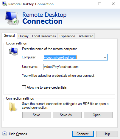 Windows 10 Remote desktop main window with filled access credentials